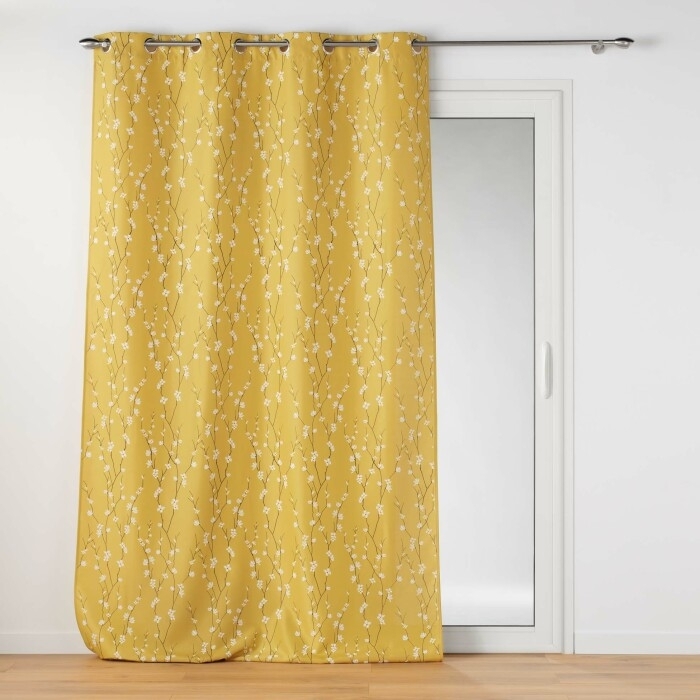 Rideau a oeillets 140 x 260 cm polyester imprime appliqué Sakura Jaune