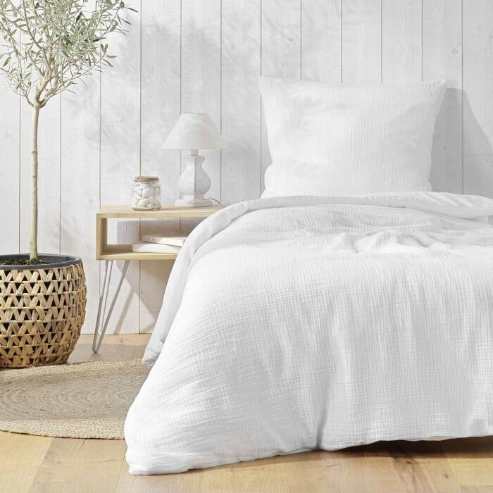 Parure de lit 140 x 200 cm double gaze coton uni 57 fils Angelia Blanc