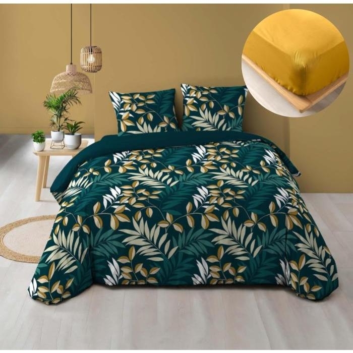 Pack housse de couette 260 x 240 cm Nelida + drap housse 160 x 200 Jaune