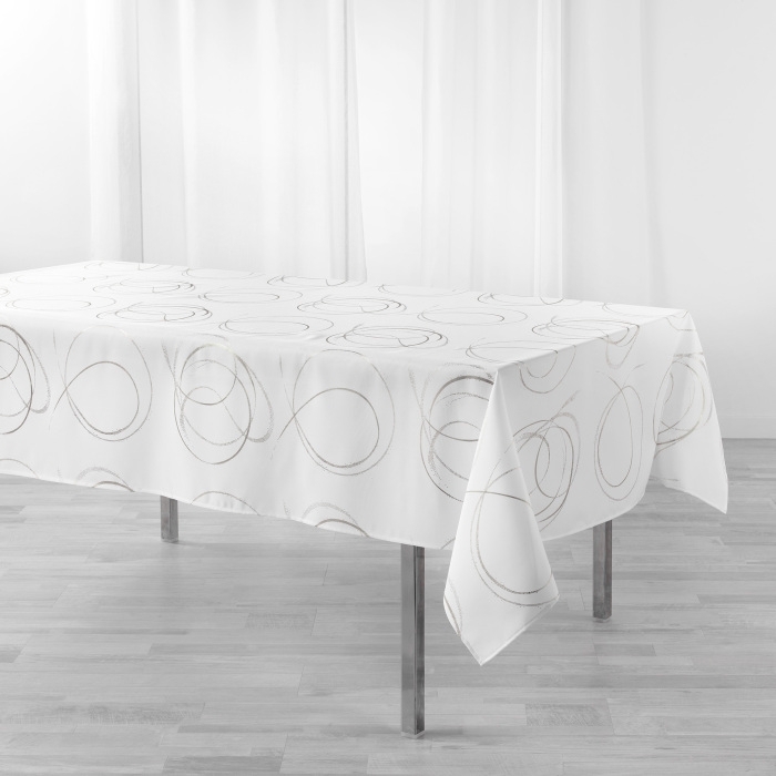 Nappe rectangle 150 x 300 cm polyester imprimé metallisé Bully Blanc
