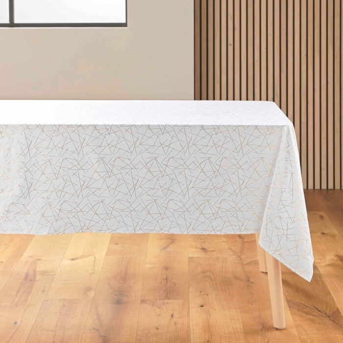 Nappe rectangle 140 x 240 cm microfibre imprimee metallisee mikado Blanc/or