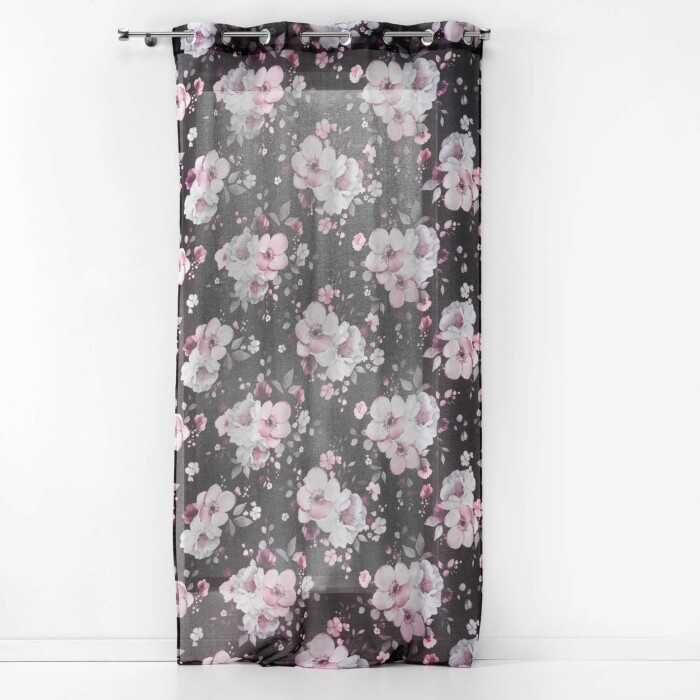 Voilage à Œillets 140 x 240 cm – Voile Sablé Imprimé – Velvet Flower Noir