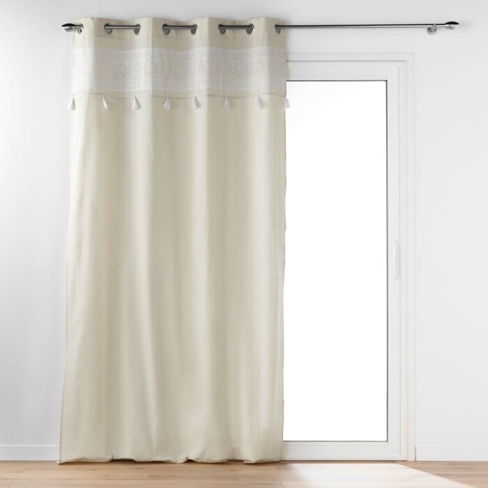 Rideau a oeillets 140 x 240 cm polycoton uni+ pompons Isalina Blanc