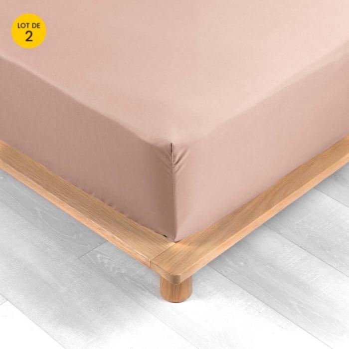 Lot de 2 Drap housse percale de coton 78fils ultra doux 160 x 200 cm Rose nude