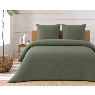 Parure de lit complète 240 x 220 cm gaze de coton – 2 taies 63x63 cm + drap housse 140x190 cm Kaki