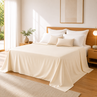 Drap Plat 240 x 300 cm Crème Satin de Coton Peigné 120 Fils/cm² - Qualité Hôtelière Premium