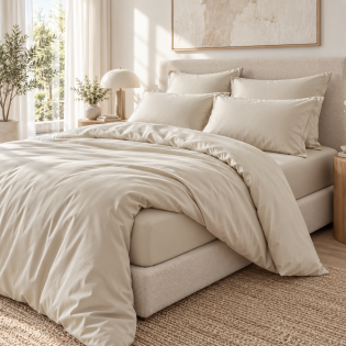Parure de lit 260 x 240 cm 100% viscose de bambou satin 120 fils SALOMÉ Pampa + drap-housse 140 x 190 cm