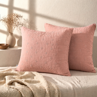 Lot de 2 Taies d’Oreiller 60 x 60 cm – Gaze de Coton Brodée – GAÏA BOHO Rose pêche