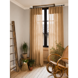 Lot de 2 Rideaux Gaze de Coton Camel 140x300 cm Ajustables – 8 Anneaux Pinces Inclus – Rideaux Tamisants Haut de Gamme
