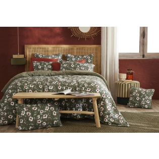 Housse de couette réversible 260 x 240 cm gaze de coton FLORA Romarin