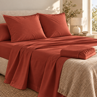 Ensemble literie 4 pièces – Drap plat 240 x 300 cm + drap housse 140x190 cm + 2 taies 63x63 cm – Percale 78 fils – Terracotta