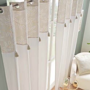 Lot de 2 Rideaux à Œillets 140 x 240 cm – Top imprimé métallisé avec pompons – Modèle ALTEA