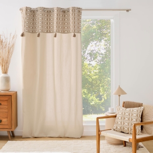 Rideau à œillets 140 x 240 cm coton/polyester haut jacquard à pompons NEIROBI