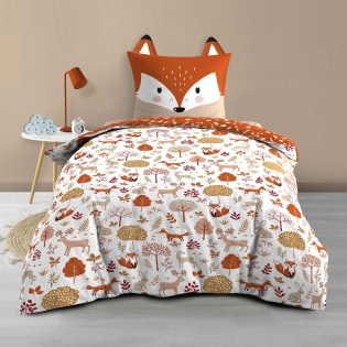 Housse de Couette Enfant 140 x 200 cm + 1 Taie – ROXY – 42 fils – Réversible avec Taie Tête de Renard