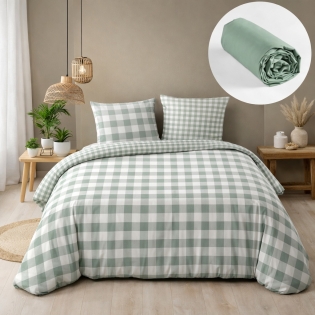 Pack housse de couette 240 x 220 cm + drap housse 140x190  + 2 taies coton Victoire vichy sauge