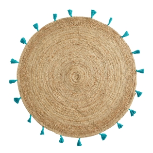 Tapis rond Ø120 cm – Jute naturel avec pompons turquoise – Modèle Shira