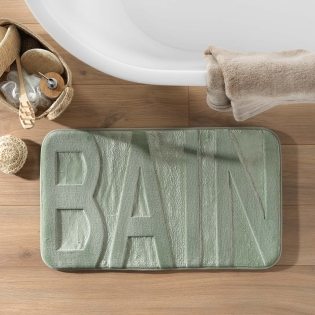 Tapis de bain 45 x 75 cm – Microfibre en relief motif “BAIN” – Antidérapant – Sauge