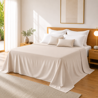 Drap Plat 240 x 300 cm Sable Satin de Coton Peigné 120 Fils/cm² - Qualité Hôtelière Premium