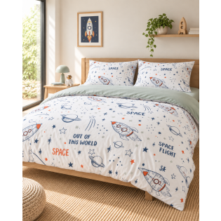 Parure de lit enfant 240 x 220 cm + 2 taies d’oreiller 100% coton imprimé GALAXIE