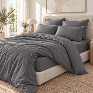 Parure de lit 260 x 240 cm 100% satin de bambou 120 fils SALOMÉ Granit + drap-housse 160 x 200 cm