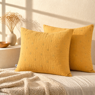 Lot de 2 Taies d’Oreiller 60 x 60 cm – Gaze de Coton Brodée – GAÏA BOHO Safran