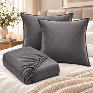 Ensemble de lit drap housse 160 x 200 cm Satin de bambou 120 fils SALOMÉ Granit 2 taies 60 x 60 cm