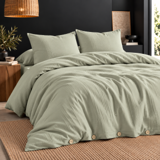 Parure de lit 260 x 240 cm + 2 taies 60 x 60 cm double gaze de coton GAÏA Vert d’eau