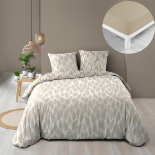 Pack housse de couette 220 x 240 cm Mareva + drap housse 140 x 190 Beige sur Mon Linge de Maison Pack housse de couette 220 x 240 cm Mareva + drap housse 140 x 190 Beige