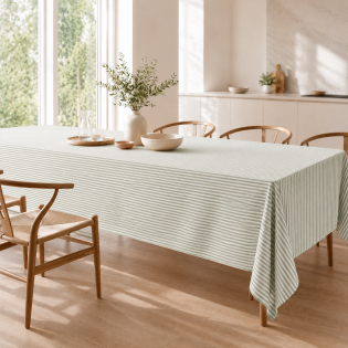 Nappe Rayée 150 x 350 cm Double Gaze de Coton Eucalyptus – LIVIA sur Mon Linge de Maison Nappe Rayée 150 x 350 cm Double Gaze de Coton Eucalyptus – LIVIA