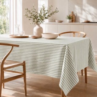 Nappe 150 x 250 cm Double Gaze de Coton Rayée Eucalyptus– LIVIA sur Mon Linge de Maison Nappe 150 x 250 cm Double Gaze de Coton Rayée Eucalyptus– LIVIA