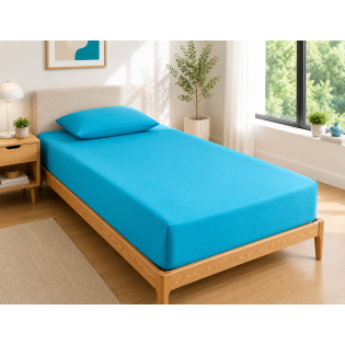 Drap Housse 90x190 cm 1 Place 100% Coton 57 Fils/cm² Bonnet 30 cm Cyan