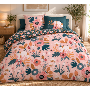Parure de lit CHAMPETRE 260 x 240 cm + 2 taies - 100% coton imprimé réversible 57 fils