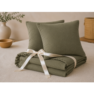 Pack Drap Housse 140 x 190 cm + 2 Taies d’Oreiller 60 x 60 cm Double Gaze de Coton GAÏA Romarin
