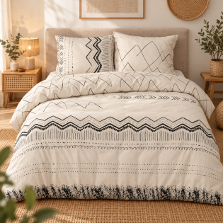 Parure de lit 240 x 220 cm + 2 taies d’oreiller 63 x 63 cm – Coton 57 fils – Motif Berbère