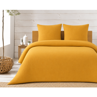 Parure de lit complète 260 x 240 cm gaze de coton – 2 taies 63x63 cm + drap housse 160x200 cm Jaune