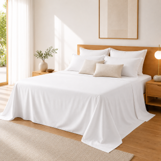 Drap Plat 240 x 300 cm Blanc Satin de Coton Peigné 120 Fils/cm² - Qualité Hôtelière Premium