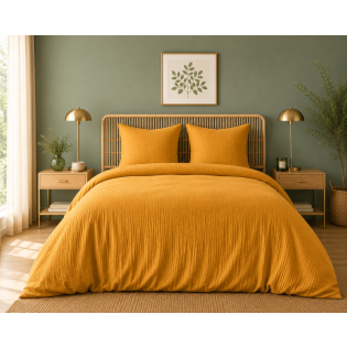 Parure de lit en Gaze de Coton 260 x 240 cm + 2 Taies 65 x 65 cm Epure Jaune