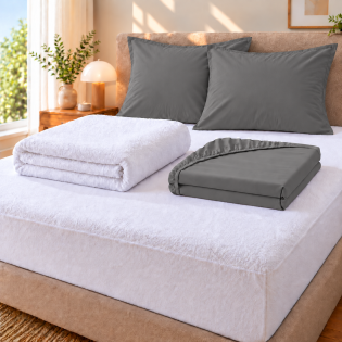 Pack literie – Protège matelas 140x190 imperméable + drap housse + 2 taies Anthracite