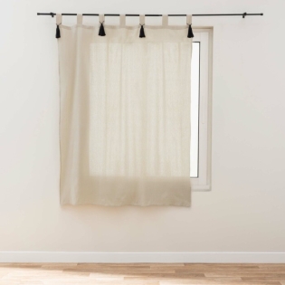 Rideau à passants 140 x 180 cm polycoton uni CYRINE – Pompons noirs – Petite hauteur