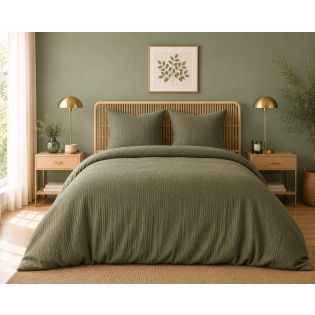 Parure de lit en Gaze de Coton 240 x 220 cm + 2 Taies 65 x 65 cm Epure Olive sur Mon Linge de Maison Parure de lit en Gaze de Coton 240 x 220 cm + 2 Taies 65 x 65 cm Epure Olive