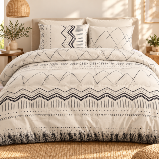 Parure de lit 200 x 200 cm + 2 taies d’oreiller 63 x 63 cm – Coton 57 fils – Motif Berbère