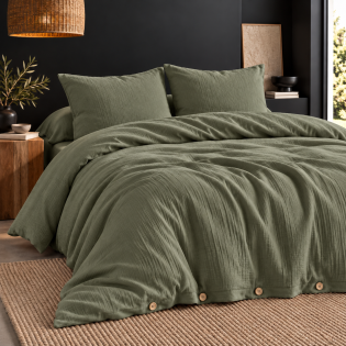 Parure de lit  240 x 220 cm + 2 taies 60 x 60 cm double gaze de coton GAÏA Romarin