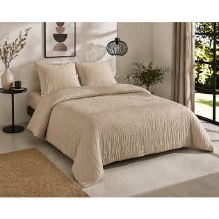 Parure de lit complète 240 x 220 cm gaze de coton – 2 taies 63x63 cm + drap housse 140x190 cm Sable