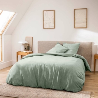 Parure de lit 3 pièces 240 x 220 cm en fils teints lavés unis – Meline Sauge (60 fils) sur Mon Linge de Maison Parure de lit 3 pièces 240 x 220 cm en fils teints lavés unis – Meline Sauge (60 fils)