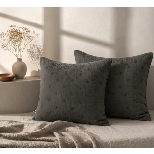 Lot de 2 Taies d’Oreiller 60 x 60 cm – Gaze de Coton Brodée – GAÏA BOHO Granit