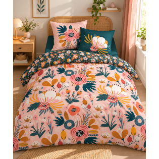 Parure de lit CHAMPETRE 200 x 200 cm + 2 taies - 100% coton imprimé réversible 57 fils