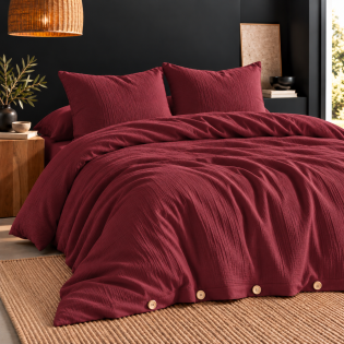 Parure de lit 260 x 240 cm + 2 taies 60 x 60 cm double gaze de coton GAÏA Bordeaux