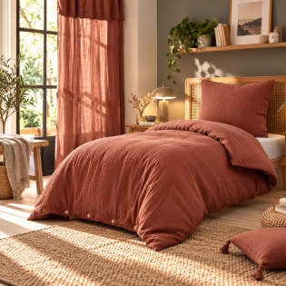 parure de lit 140 x 200 cm + drap housse 90 x 190 cm + 1 taie 60 x 60 cm double gaze de coton Terracotta