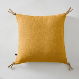 Coussin déhoussable avec pompons lin lavé 45 x 45 cm soline miel Jaune sur Mon Linge de Maison Coussin déhoussable avec pompons lin lavé 45 x 45 cm soline miel Jaune
