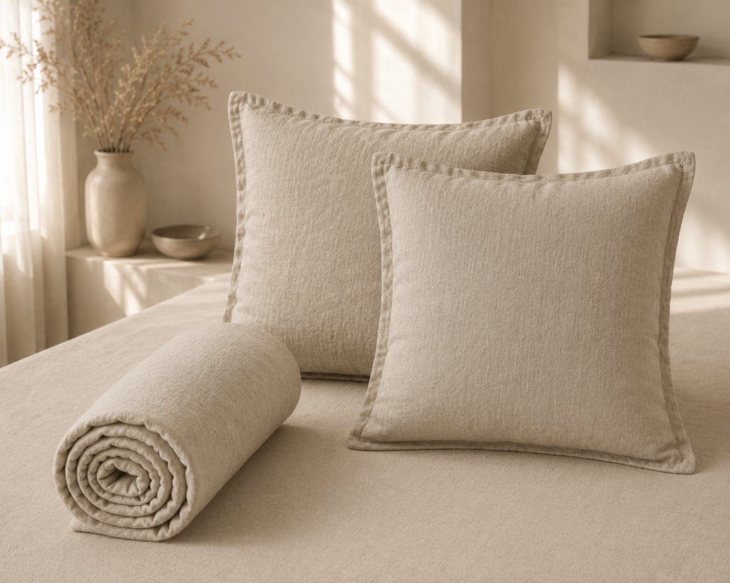 Parure Drap Housse 140 x 190 cm + 2 Taies 60x60 cm 100% Lin Français - Sable
